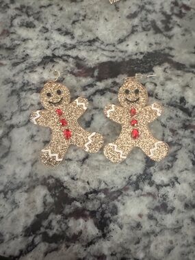 Glitter Gingerbread Man Earrings with Red Gem Accents